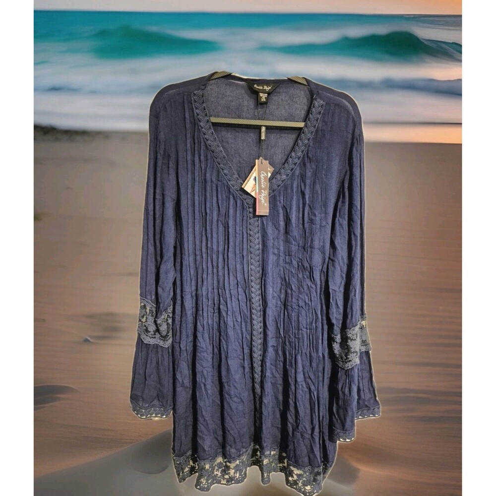 NWT Charlie Paige Navy Blue Lace Trim Peasant Tunic Dress L/XL Boho Long Sleeve